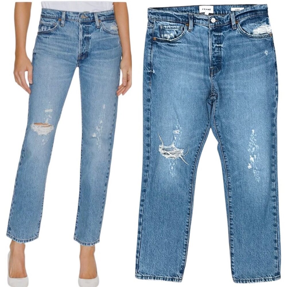 Frame Le Slouch Straight Leg Distressed Biodegradable Jeans in Bluejay Rips